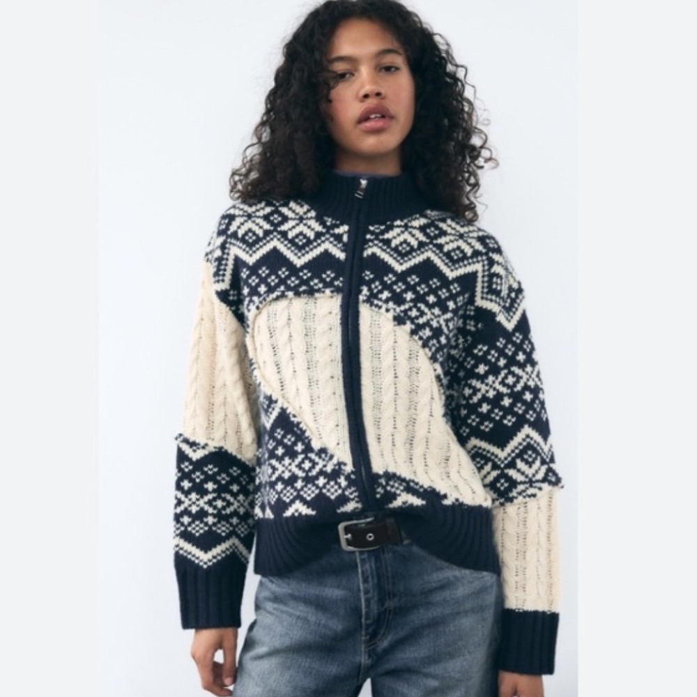Zara Jacquard Fair Isle Navy and Cream Patterned Sweater Cardigan